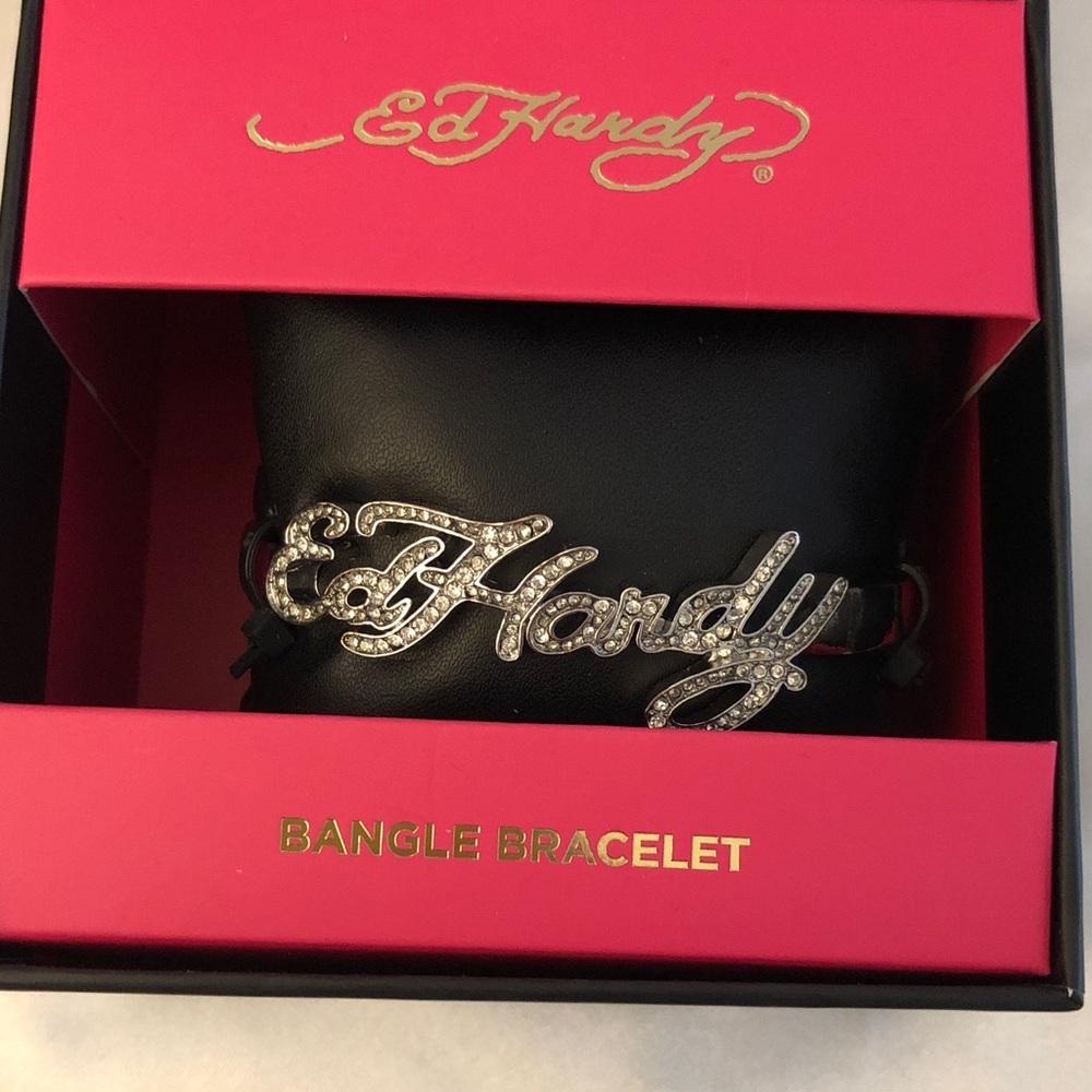 Ed Hardy Silver Tone Slip On Crystal Logo Script Cuff Bangle Bracelet NIB